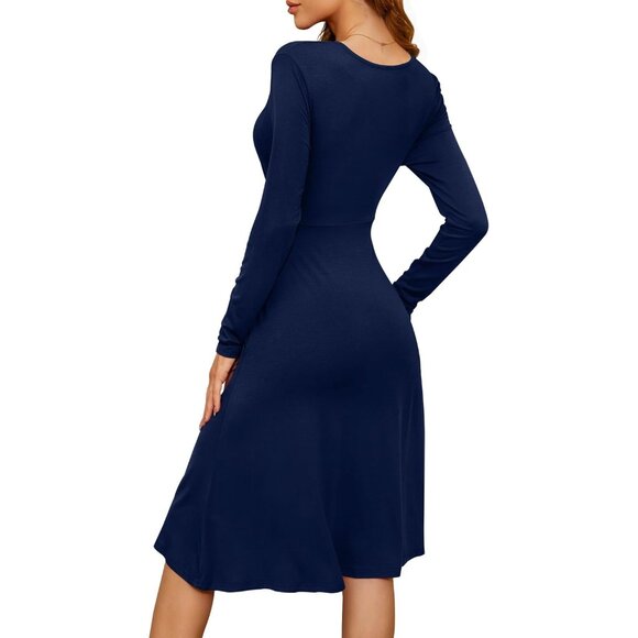 Women Long Sleeve Navy Blue Short Sleeve V-Neck Floral Party Dress with Pockets - Picture 5 of 6